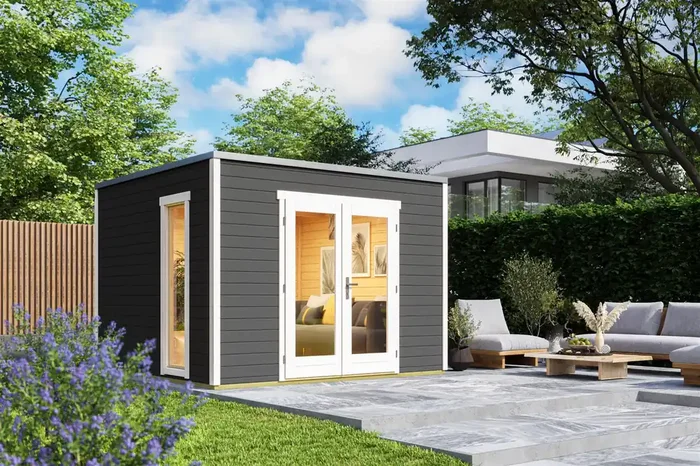 Lasita Maja Palermo 1 Holz-Gartenhaus Blockhaus 28mm, 294×300, Carbongrau