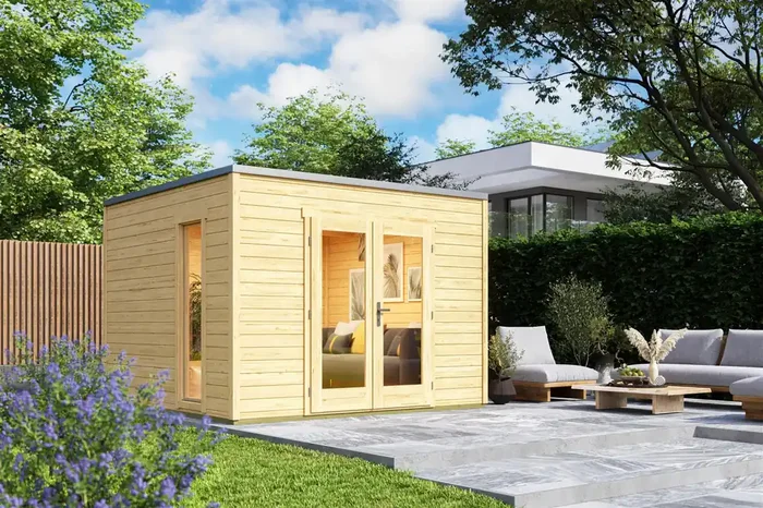 Lasita Maja Palermo 1 Holz-Gartenhaus Blockhaus 28mm, 294×300, Naturbelassen