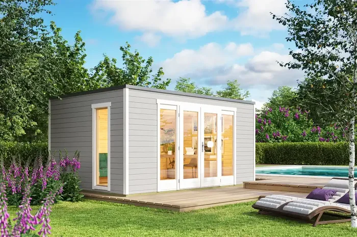 Lasita Maja Palermo 2 Holz-Gartenhaus Blockhaus 28mm, 444×300, Lichtgrau