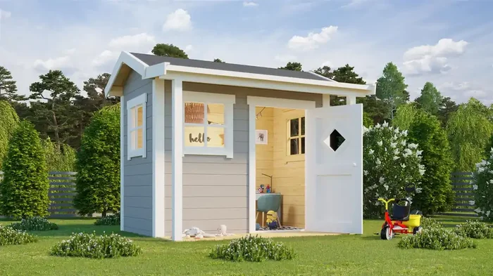 Lasita Maja Pingo Kinderspielhaus 19mm, Fundamentmass 200×120, Lichtgrau