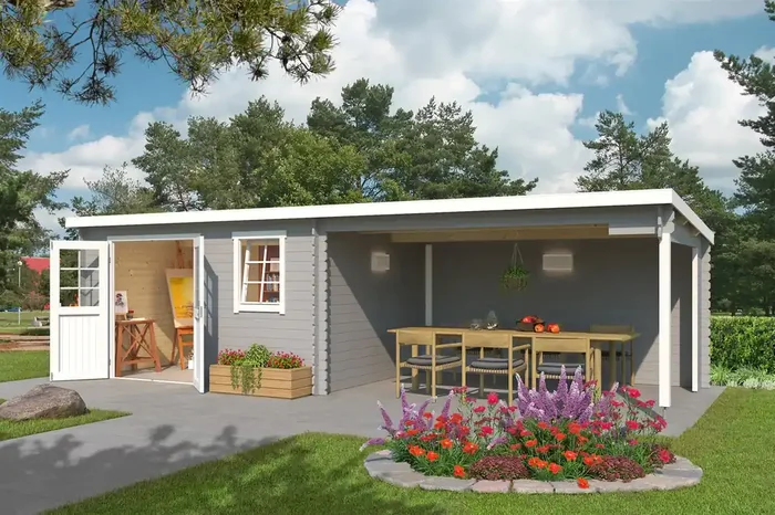 Lasita Maja Reno Holz-Gartenhaus Blockhaus mit Anbau 28mm, 760×275, Lichtgrau