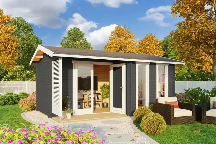 Lasita Maja Riverside Holz-Gartenhaus Blockhaus mit Terrasse 28mm, 480×300, Carbongrau