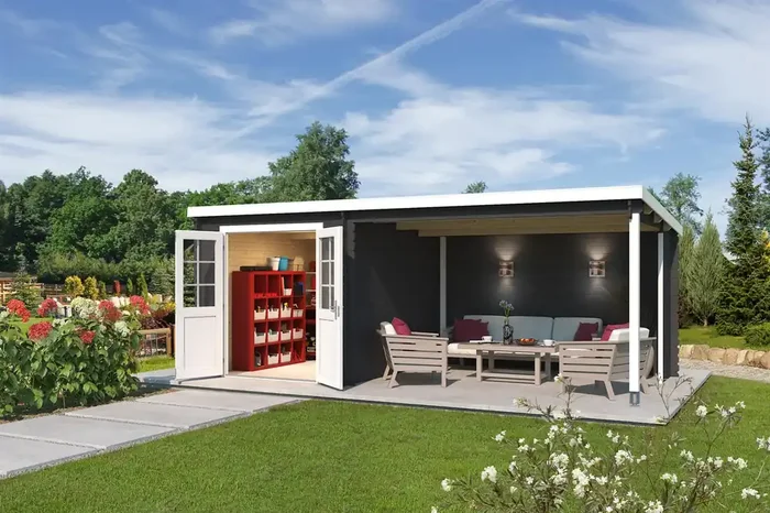 Lasita Maja Saint Paul Holz-Gartenhaus Blockhaus mit Anbau 28mm, 570+275, Carbongrau