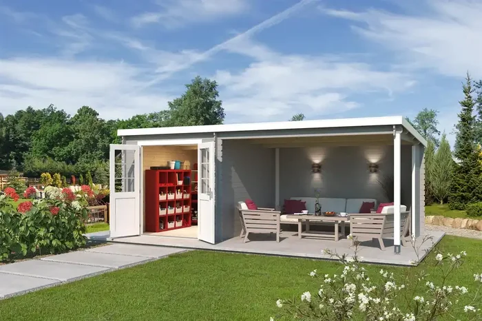 Lasita Maja Saint Paul Holz-Gartenhaus Blockhaus mit Anbau 28mm, 570+275, Lichtgrau