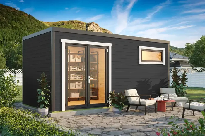 Lasita Maja Sardinia 3 Set Gartenhaus Blockhaus 44 mm 2-Räume, 500×250, Carbongrau