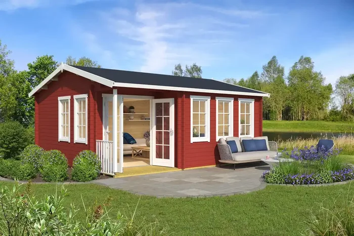 Lasita Maja Sri Lanka Set Silber Gartenhaus Blockhaus 44 mm mit 2-Raum und überdachte Terrasse, 560 x 480, Schwedenrot