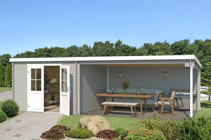 Lasita Maja St Louis Holz-Gartenhaus Blockhaus mit Anbau 28mm, 681×292, Lichtgrau