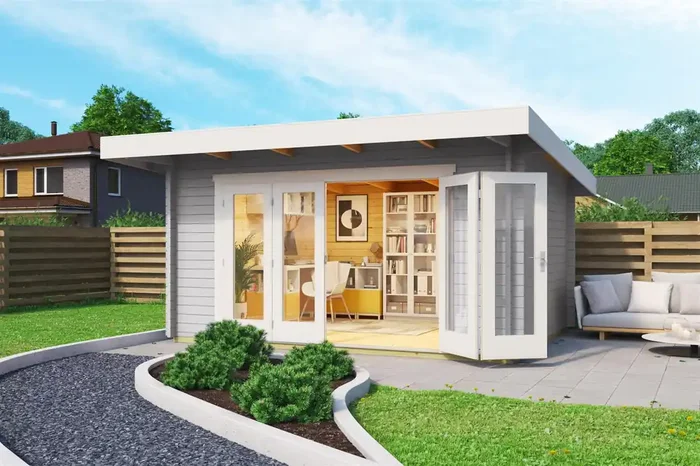 Lasita Maja Sussex 1 Gartenhaus Blockhaus 44 mm mit Vordach, 390 x 300, Lichtgrau