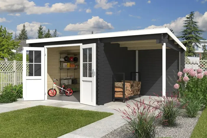Lasita Maja Tampa Holz-Gartenhaus Blockhaus mit Anbau 28mm, 481×292, Carbongrau