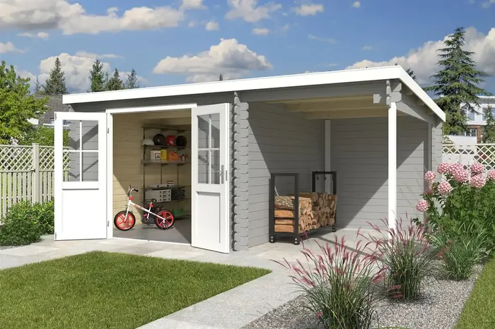 Lasita Maja Tampa Holz-Gartenhaus Blockhaus mit Anbau 28mm, 481×292, Lichtgrau