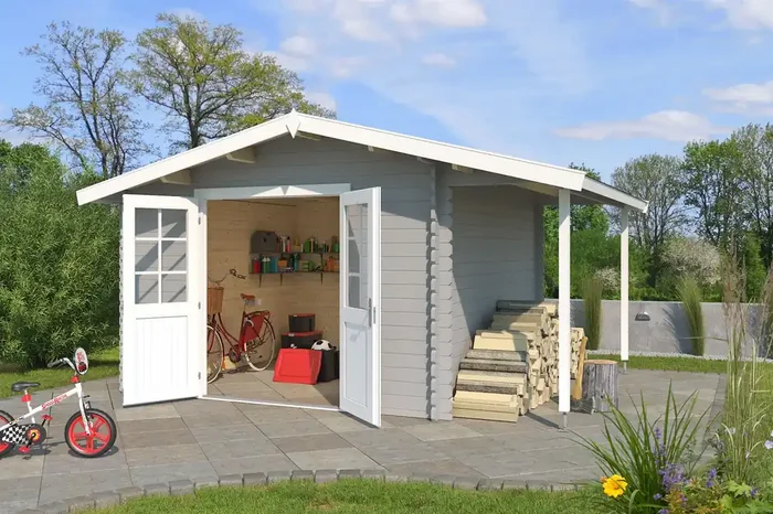Lasita Maja Tulsa Holz-Gartenhaus Blockhaus mit Dachanbau 34mm, 292×292, Lichtgrau