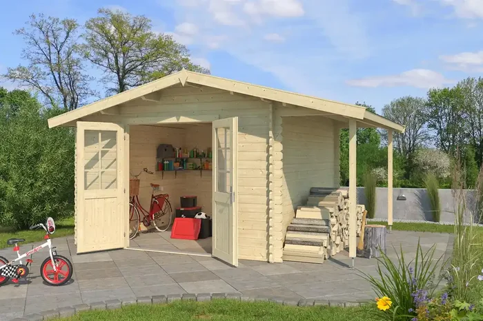 Lasita Maja Tulsa Holz-Gartenhaus Blockhaus mit Dachanbau 34mm, 292×292, Naturbelassen