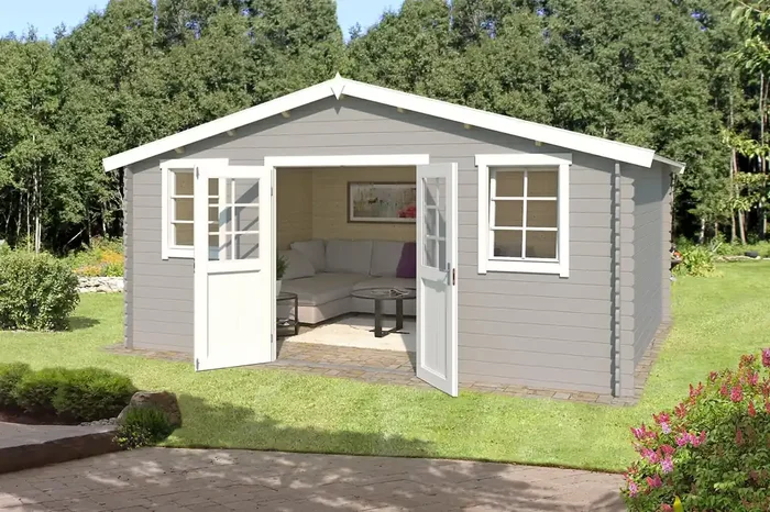 Lasita Maja Udo 380 Holz-Gartenhaus Blockhaus 28mm, 480×380, Lichtgrau