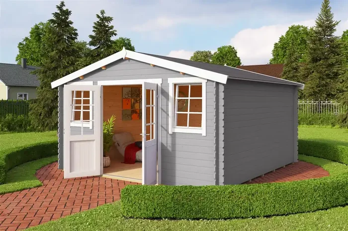 Lasita Maja Wels 4 Holz-Gartenhaus Blockhaus 28mm, 390×390, Lichtgrau