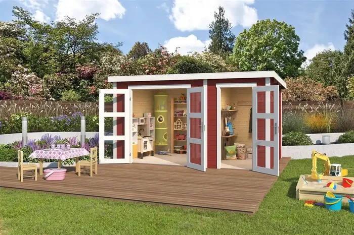 Lasita Maja Zambezi Xl Holz-Gartenhaus Blockhaus 28mm, 2-Raum, 380×240, Schwedenrot