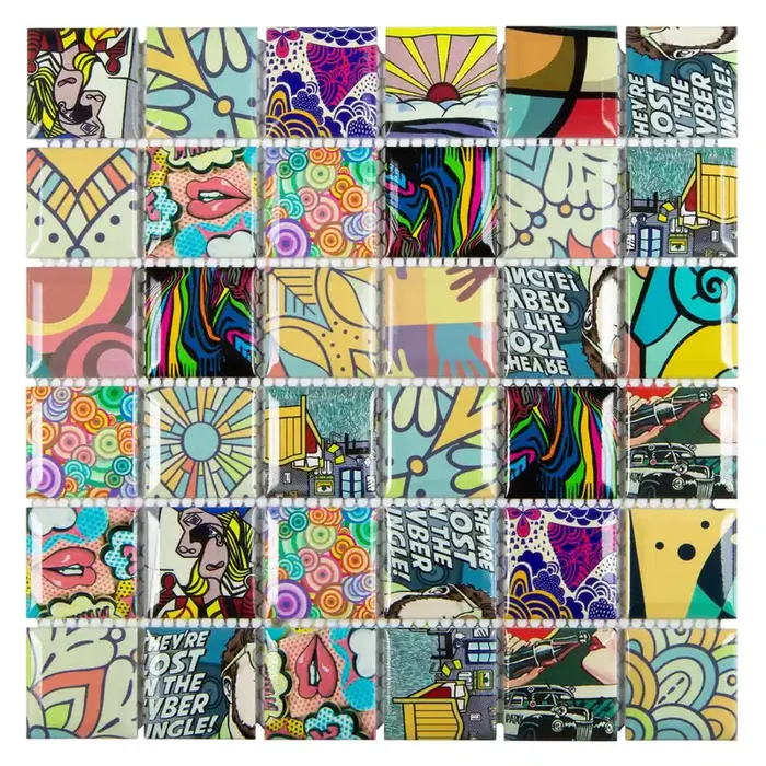 Mosaikfliesen Comic Retro-Style bunt glänzend 29×29 cm netzverklebt