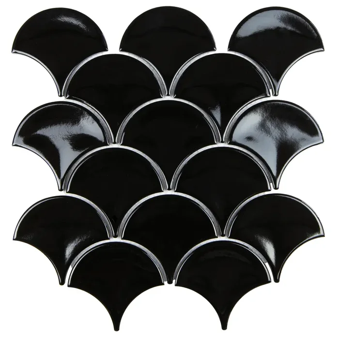 Mosaikfliesen Fischschuppe Schuppe schwarz glänzend 25,6×27,3 cm auf Netz