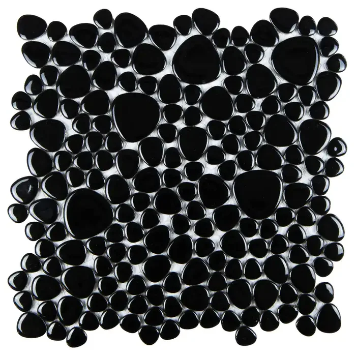 Mosaikfliesen Kiesel schwarz glänzend 27,5×27,5 cm netzverklebt