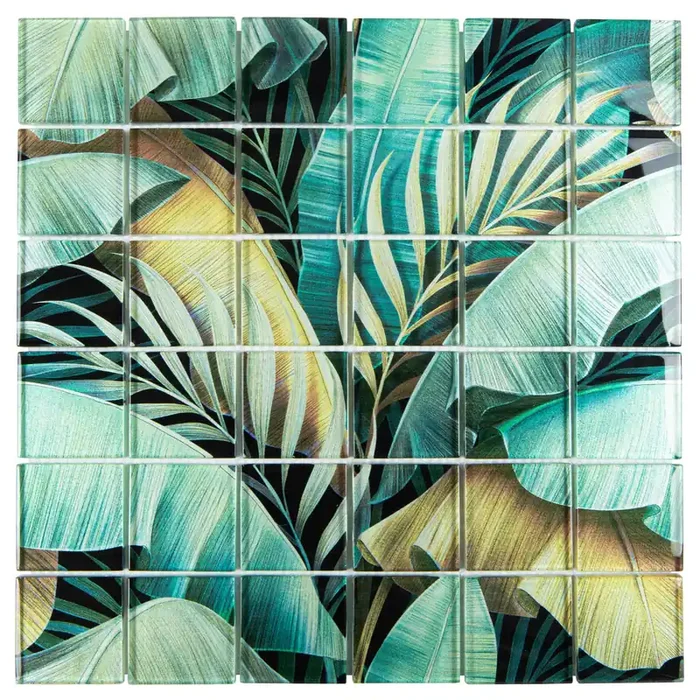 Mosaikfliesen Regenwald-Motiv grün gold „Crystal Rain Foerst“ 29,8×29,8 cm glänzend