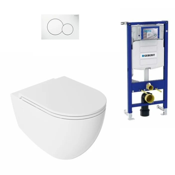 Paket Wand-WC Weiß QBad Art inkl. Armatur Geberit Duofix-Element und Betätigungstaste 01 Alpinweiß