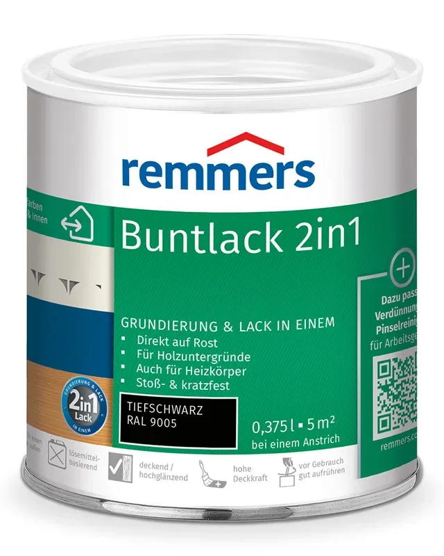 Remmers Buntlack 2in1 Tiefschwarz RAL 9005 0,375l