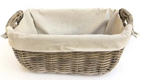 Rohrholzkorb mit eingearbeiteten Griffen 60×41 cm, mit Futter grau und Überschlag