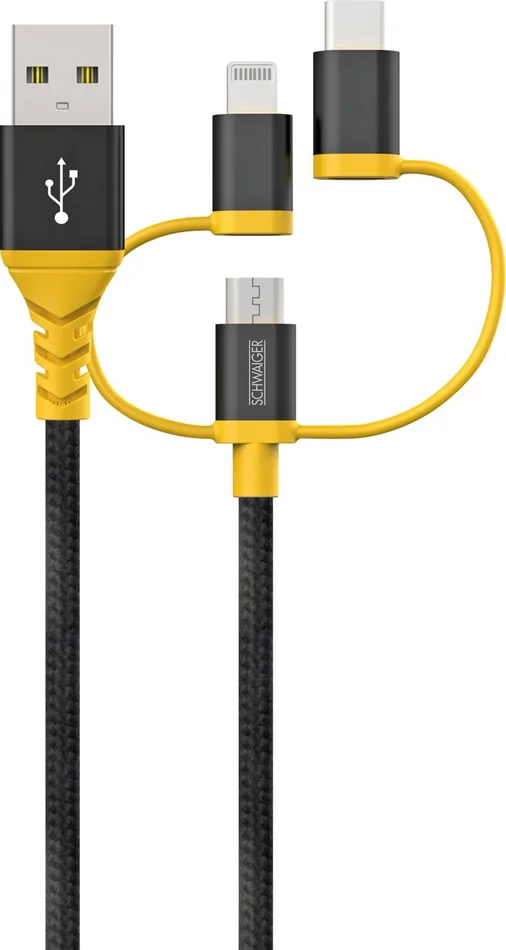 SCHWAIGER 3-in-1 Sync & Ladekabel “Extreme“, 1,2 m, Schwarz/Gelb