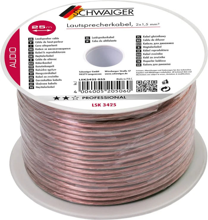SCHWAIGER Lautsprecherkabel (2 x 1,5 mm²), 25 m, Transparent