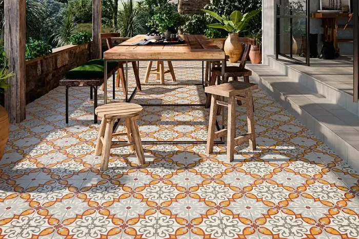 Terrassenplatte Retro-Dekor orange 50×100 cm „Altea Elda Aparici“ Feinsteinzeug Patchwork rektifiziert