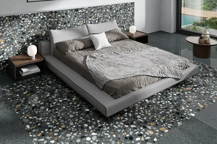 Terrazzo-Fliese anthrazit bunt matt 60×60 cm „Crisp Graphite“ moderne Terrazzo-Steinoptik rektifiziert