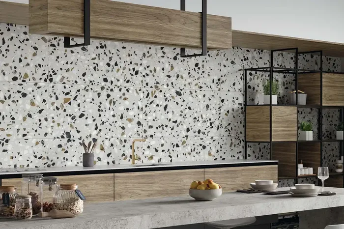 Terrazzo-Fliese weiß matt 60×120 cm „Crisp White“ mehrfarbige Terrazzo-Steinoptik rektifiziert