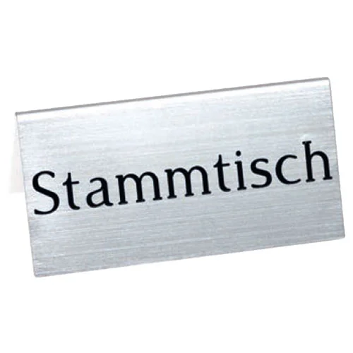 Tischaufsteller, Tischwinkel offen, aus Aluminium, mit Textgravur