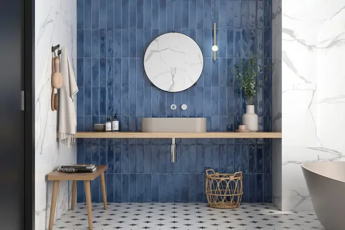 Vintage Wandfliese blau 30×60 cm „Manhattan Ocean“ Metro Fliese glänzend