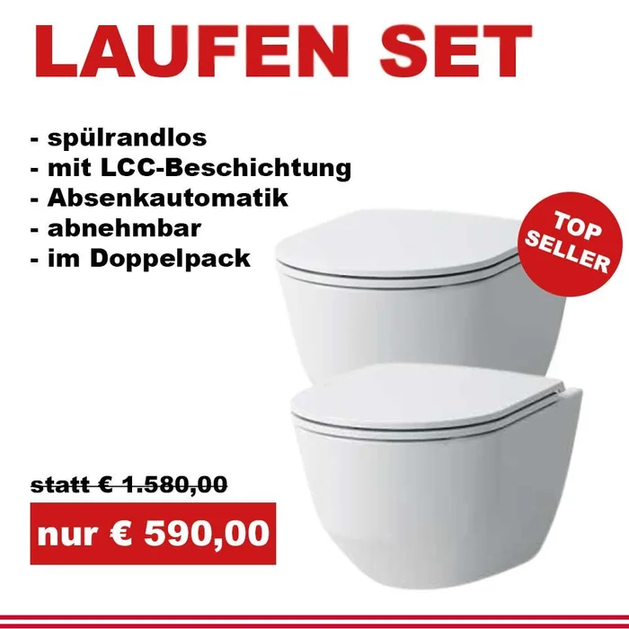 Wand-WC Set LCC, Laufen Pro Tiefspüler, spülrandlos inkl VankFlake WC-Sitz mit Deckel im Doppelpack