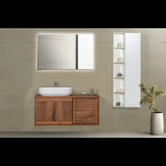 Waschtisch 110×49 cm Madia2 Rustikal-Modern / im Set mit Wandspiegel und Hochschrank