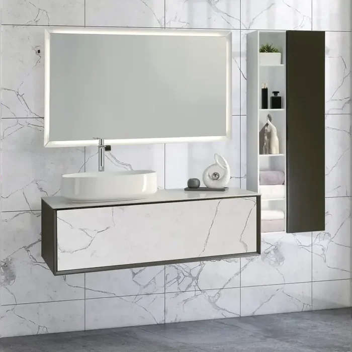 Waschtisch Luxury 36,5 x 120cm Canova Gres.10 Calacatta Waschtisch, Spiegel und Hochschrank im Set