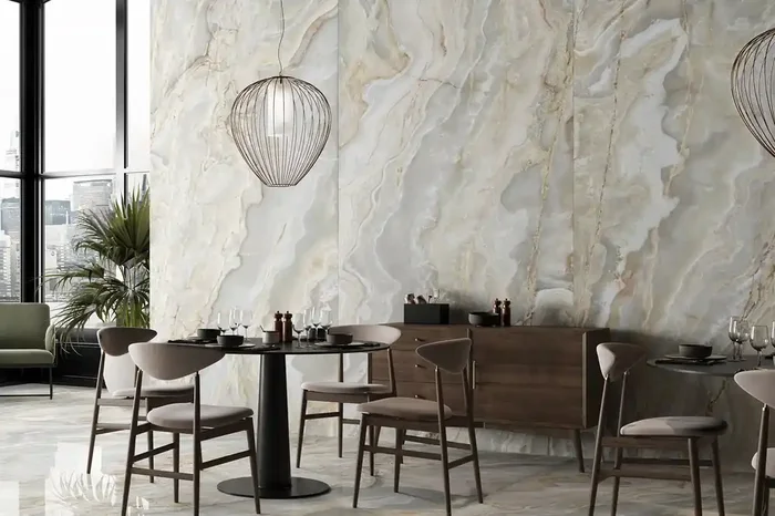 XXL-Fliese 120×280 cm Achat-Marmoroptik beige grau „Onice Iride Argento“ Großformat glänzend