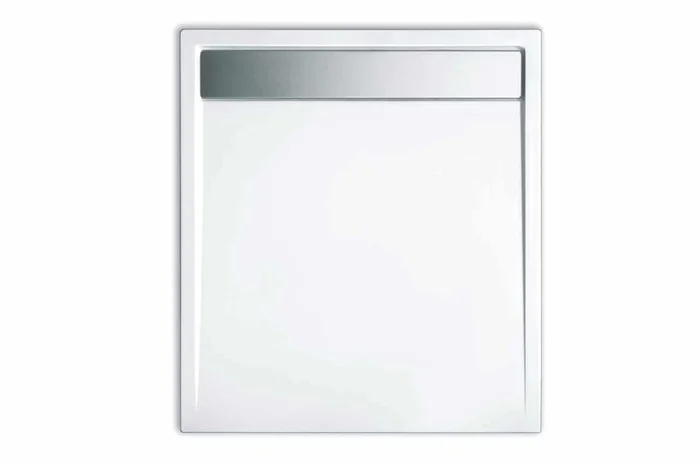 Zermatt-Acryl Duschwanne quadratisch, mit Rinne Edelstahl gebürstet, weiß